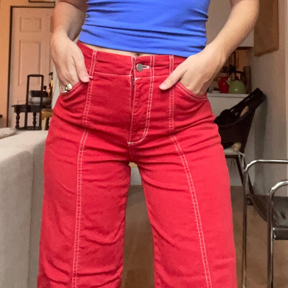 Anthropologie Maeve Seamed High Rise Wide Leg Jeans, Size 26, Red